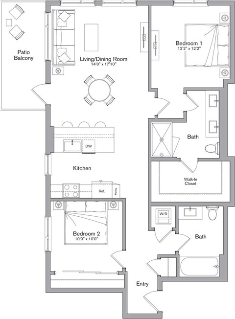 A floor plan of a home with two bedrooms, a living/dining room, a kitchen, a patio balcony, and a walk-in closet.