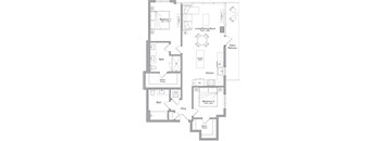 A floor plan of a house with two bedrooms, a living/dining room, a kitchen, a bath, an entry, a patio/balcony, and a walk-in closet.