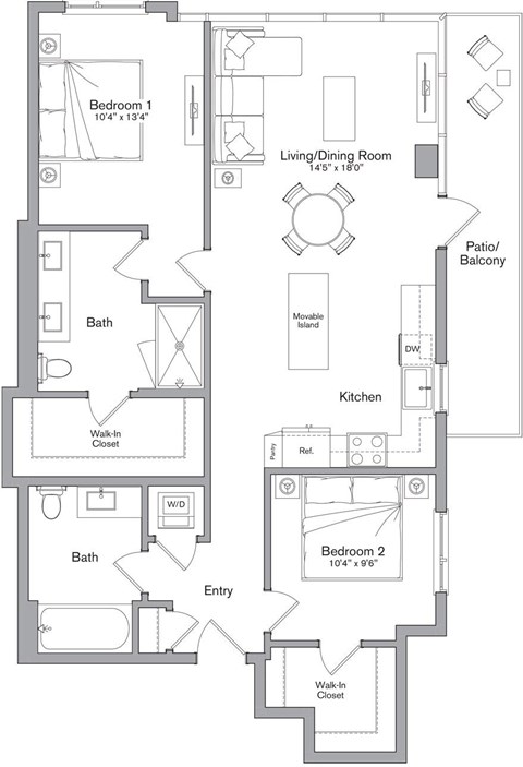 A floor plan of a house with two bedrooms, a living/dining room, a kitchen, a bath, an entry, a patio/balcony, and a walk-in closet.