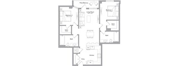 A floor plan of a house with two bedrooms, a living room, a kitchen, a bath, and a patio/balcony.