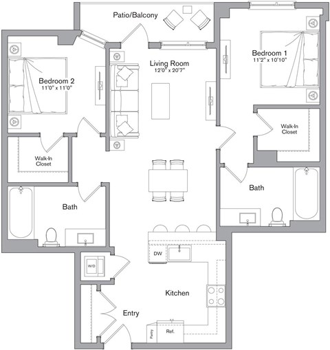 A floor plan of a house with two bedrooms, a living room, a kitchen, a bath, and a patio/balcony.