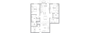 A floor plan of a house with two bedrooms, a living room, a bathroom, a kitchen, and a den.