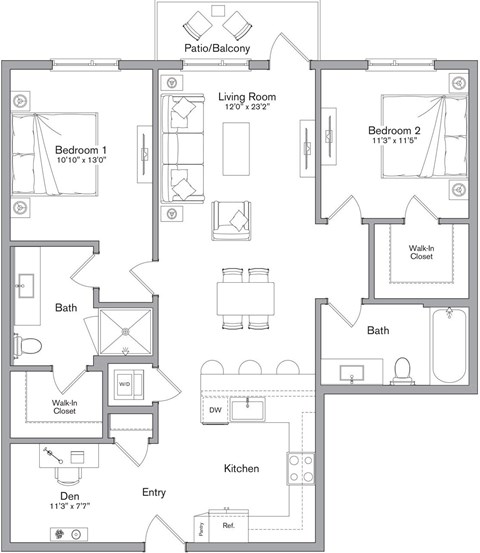 A floor plan of a house with two bedrooms, a living room, a bathroom, a kitchen, and a den.