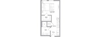 A floor plan of a small apartment with a living area, kitchen, bath, and entry.