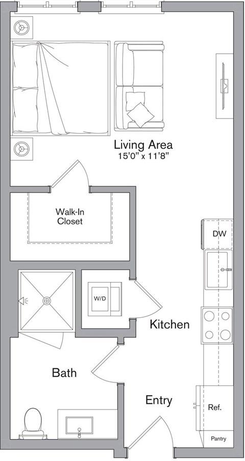 A floor plan of a small apartment with a living area, kitchen, bath, and entry.