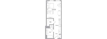 A floor plan of a small apartment with a living area, kitchen, bathroom, and entry.