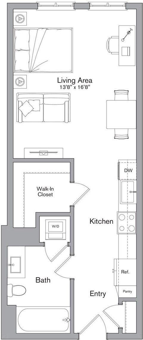 A floor plan of a small apartment with a living area, kitchen, bathroom, and entry.