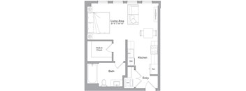A floor plan of a small apartment with a living area, kitchen, bathroom, and entry.