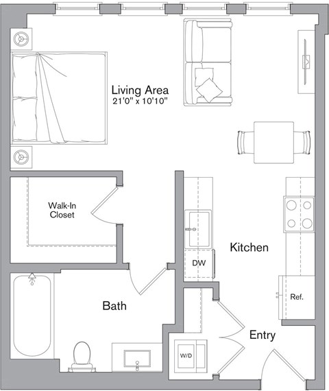 A floor plan of a small apartment with a living area, kitchen, bathroom, and entry.