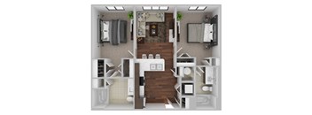 A top-down view of a modern apartment layout with a kitchen, living room, and bedrooms.