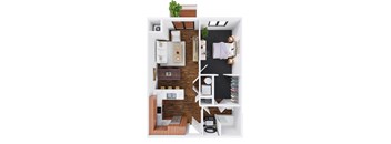A top-down view of a small apartment with a kitchen, living room, and bedroom.