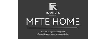 A black and white image of a sign for Roystone Queen Anne MFTE Home with the instruction to contact a leasing agent before applying.