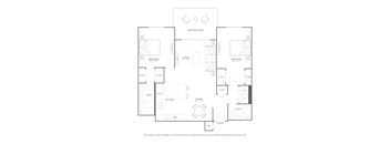 A floor plan of a house with two bedrooms, a bath, a kitchen, a dining room, a living room, a pantry, and an entry way.