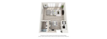 A 3D floor plan of a small apartment with a kitchen, living room, and bedroom.