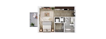 A top-down view of a modern, minimalist bedroom with a large bed, a small kitchenette, and a bathroom.
