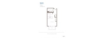 A floor plan of a studio apartment with a bath, kitchen, living/sleeping area, and balcony.