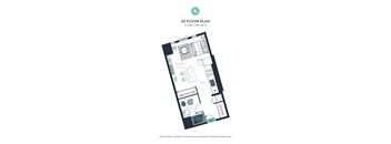 A floor plan of a studio apartment with one bathroom.