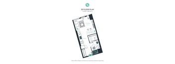 A floor plan of a studio with one bathroom.