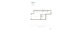 A floor plan of a studio apartment with a kitchen, living/sleeping area, and bathroom.
