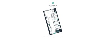 A floor plan of a studio apartment with one bathroom.
