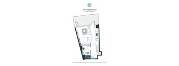 A floor plan of a studio apartment with one bathroom.