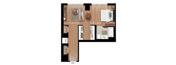 A floor plan of a small apartment with a kitchen, living room, and bathroom.