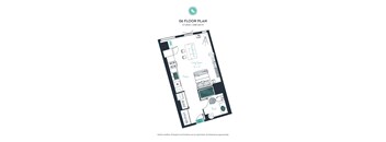 A floor plan of a studio apartment with one bathroom.