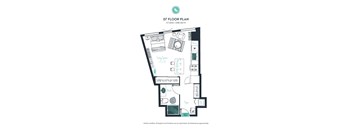 A floor plan of a studio apartment with one bathroom and living space.