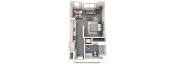 A 3D floor plan of a small apartment with a kitchen, living room, and bathroom.