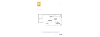 A floor plan for a studio apartment with a living room, kitchen, bath, and patio.