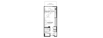 A floor plan of a small apartment with a private outdoor space.