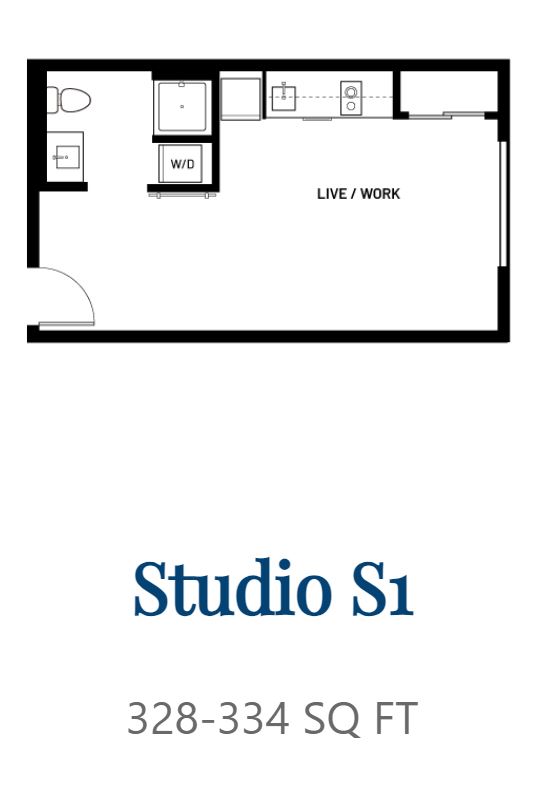A floor plan for a studio apartment is labeled Studio S1 and is 328-334 square feet.