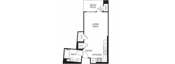A floor plan of a house with a deck/patio, living area, entry, kitchen, bath, and closet.