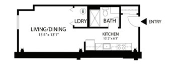 A black and white floor plan of a small apartment with a living/dining area, kitchen, bath, and entry.