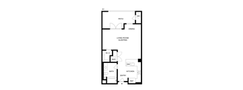 A floor plan of a house with a living room, dining room, kitchen, bathroom, and a laundry room.