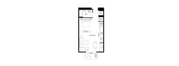 A floor plan of a house with a bathroom, great room, and balcony.