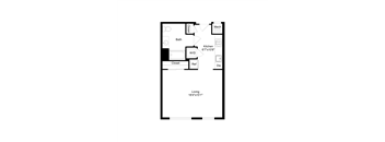 A floor plan of a small apartment with a kitchen, bathroom, and living room.