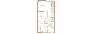 A floor plan of a home with a living room, dining room, kitchen, and bathroom.