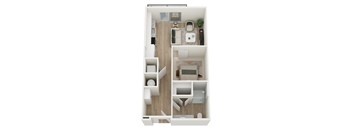 A top-down view of a studio apartment with a kitchen, living room, and bathroom.