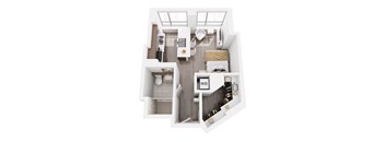 A top down view of a small apartment with a washer and dryer in the laundry room.