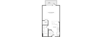 A floor plan of a home with a living room, kitchen, and bathroom.