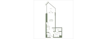 A floor plan of a small apartment with a living/sleeping area, kitchen, bathroom, and walk-in closet.