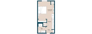 A floor plan of a small apartment with a living area, kitchen, bath, and entry.