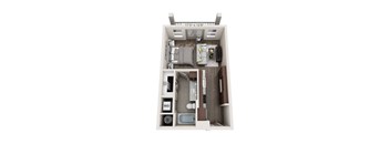 A floor plan of a small apartment with a bedroom, living room, and kitchen.