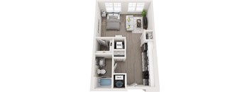 A top down view of a small apartment with a bedroom, living room, kitchen, and bathroom.