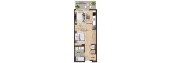 A floor plan of a small apartment with a living room, kitchen, sleeping area, bathroom, and entry.