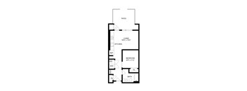 A floor plan of a small apartment with a living area, kitchen, bathroom, bedroom, and two closets.