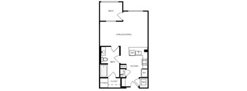 A black and white image of a floor plan for a home with a living/sleeping area, kitchen, bathroom, and closet.
