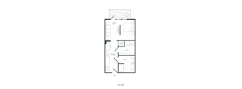 A floor plan of a studio apartment with a kitchen, bathroom, and living room.