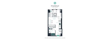 A floor plan of a studio apartment with one bathroom.